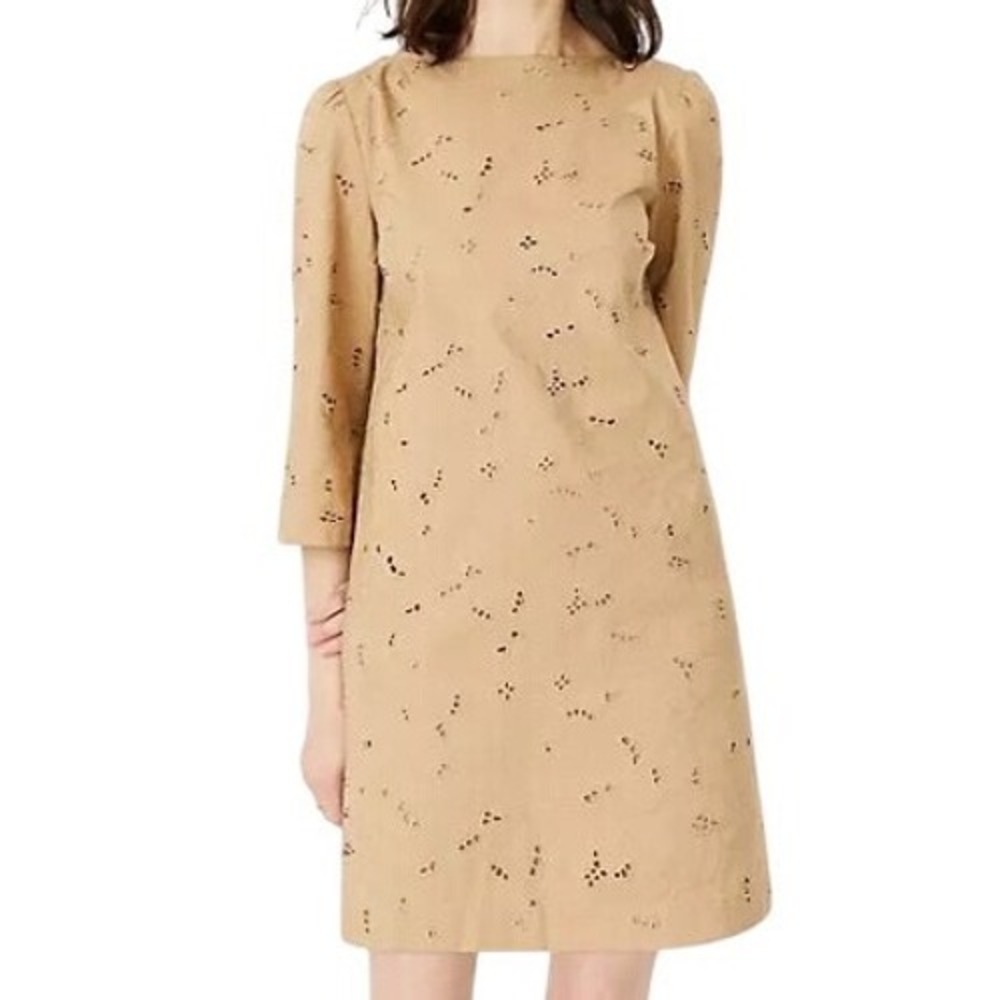 NWT Ann Taylor Cotton Eyelet Floral Embroidery Boat Neck Shift Dress Tan Size 10